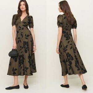 NEW NWT Reformation Naira Solana Olive Black Ruched Puff Sleeve Midi Dress - 2